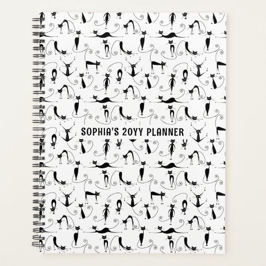 黒猫シームレスパターン名前をカスタムする プランナー手帳 (正面)