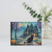 黒猫ジャック・オ・ランタン不気味・ハウス・ハロウィン シーズンポストカード (スタンド正面)