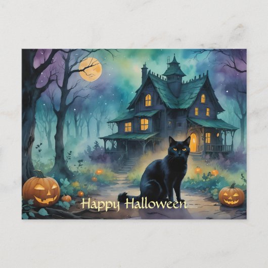 黒猫ジャック・オ・ランタン不気味・ハウス・ハロウィン シーズンポストカード (正面)
