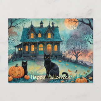 黒猫ジャック・オ・ランタン不気味・ハウス・ハロウィン シーズンポストカード
