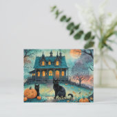 黒猫ジャック・オ・ランタン不気味・ハウス・ハロウィン シーズンポストカード (スタンド正面)