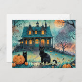 黒猫ジャック・オ・ランタン不気味・ハウス・ハロウィン シーズンポストカード (正面/裏面)