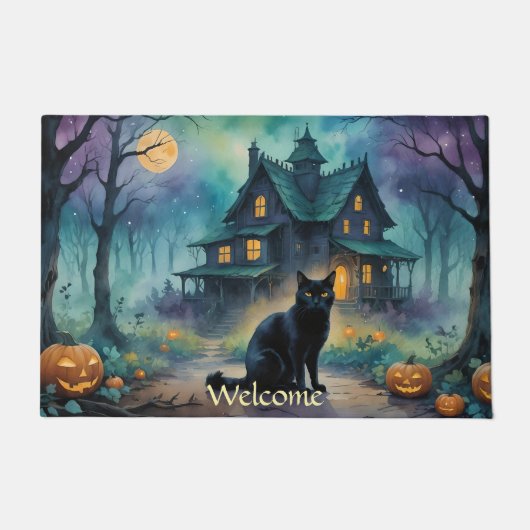 黒猫ジャック・オ・ランタン不気味・ハウス・ハロウィン ドアマット (正面)