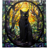 黒猫ステンドグラス黄色 シャワーカーテン (正面)