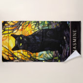 黒猫ステンドグラス黄色 ビーチタオル (正面)