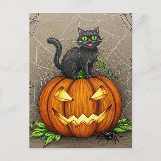 黒猫スパイダーズかぼちゃハロウィンハローウィーンハガキ ポストカード (正面)