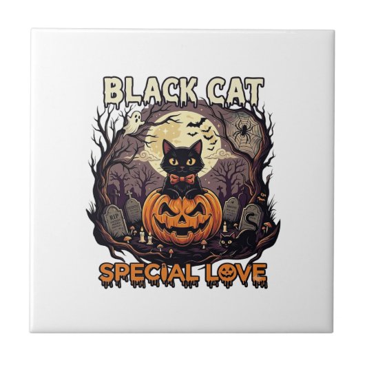 黒猫スペシャルラブハロウィンパンプキン満月 タイル (正面)