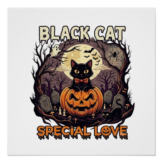 黒猫スペシャルラブハロウィンパンプキン満月 ポスター (正面)