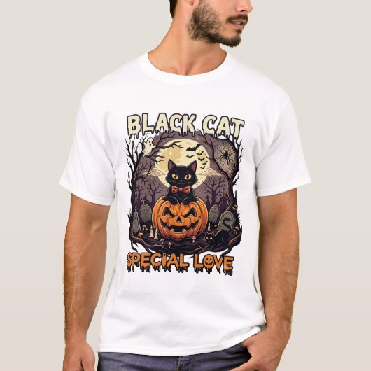 黒猫スペシャルラブハロウィンパンプキン満月 Tシャツ (正面)