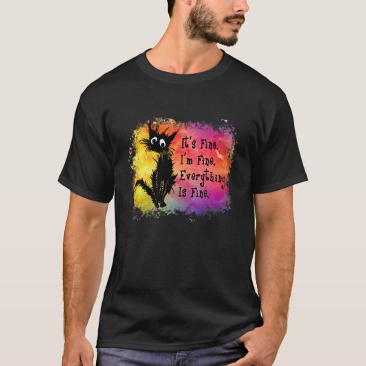 黒猫タイダイ柄 とりあえず元気 Tシャツ (正面)