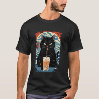 黒猫タピオカミルクティー 日本のレトロデザイン Tシャツ