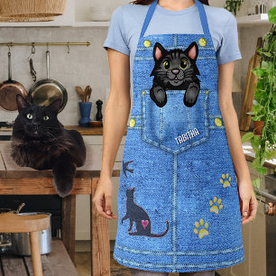 黒猫デニムフェイクポケット名前をカスタムする エプロン
