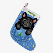 黒猫デニムフェイクポケット名前をカスタムする スモールクリスマスストッキング (正面 (吊り時))