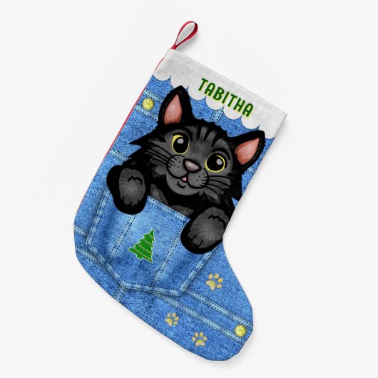 黒猫デニムフェイクポケット名前をカスタムする スモールクリスマスストッキング (正面 (吊り時))