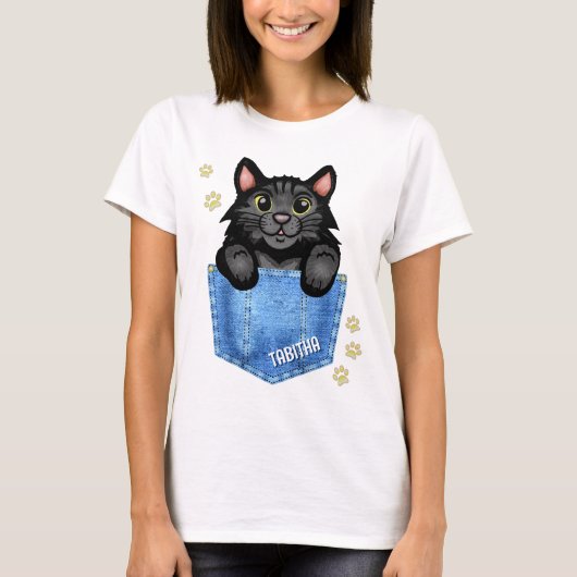 黒猫デニムフェイクポケット名前をカスタムする Tシャツ (正面)