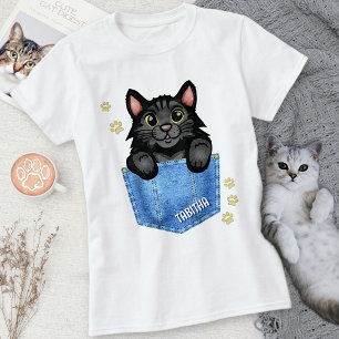 黒猫デニムフェイクポケット名前をカスタムする Tシャツ