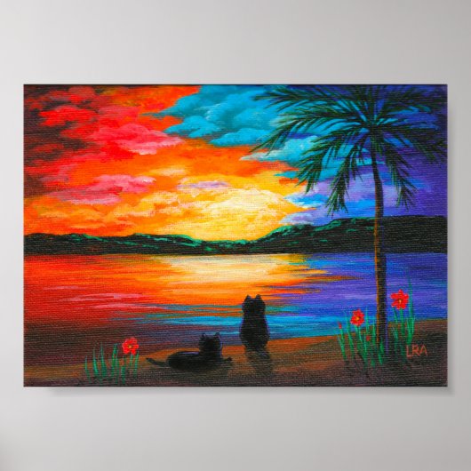 黒猫トロピカルパラダイスサンセットクリエイションアーツ ポスター (正面)