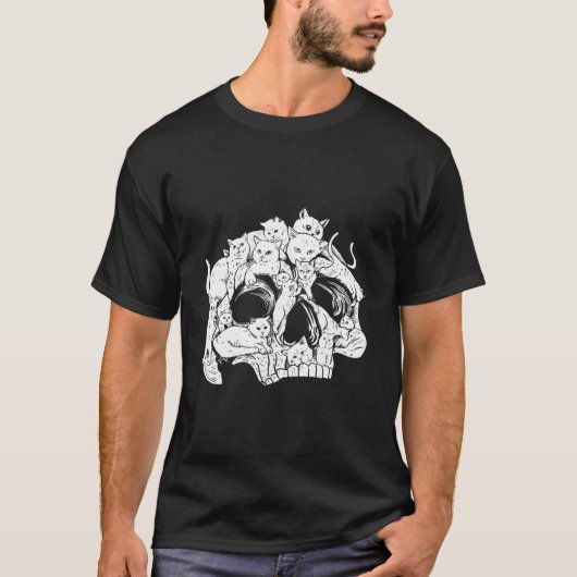 黒猫ドクロ 猫 スケルトン ハロウィン 怖い Tシャツ (正面)