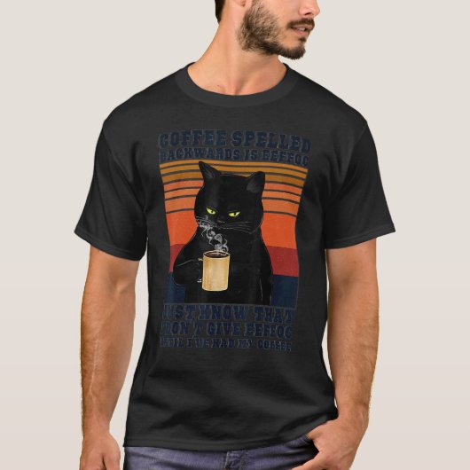黒猫ドリンクコーヒーのスペルは逆Eeffo Tシャツ (正面)