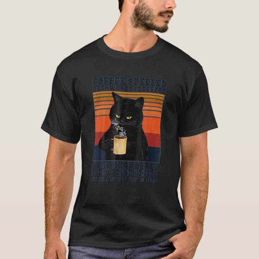 黒猫ドリンクコーヒーのスペルは逆Eeffo Tシャツ (正面)