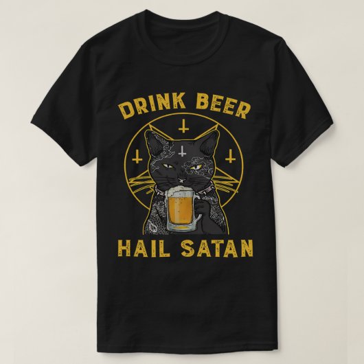 黒猫ドリンクビールヘイルサタン不気味ヴィンテージ72 Tシャツ (デザイン正面)