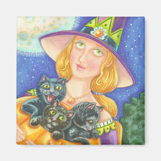 黒猫ネコと魔女ハロウィンマグネットスクエア マグネット (正面)