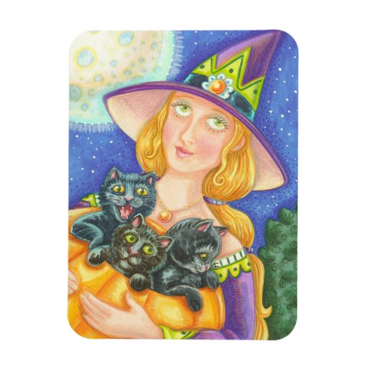 黒猫ネコと魔女ハロウィンマグネット マグネット (縦)