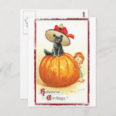 黒猫ハットヴィンテージハロウィーン ポストカード (正面/裏面)