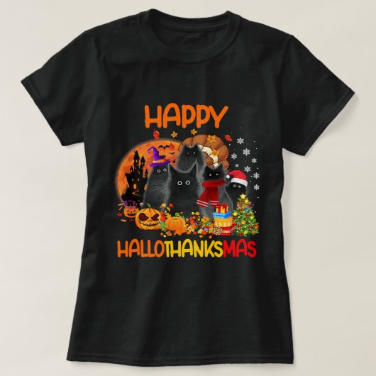 黒猫ハッピーハロサンクスマスハロウィーンサンクスギフ Tシャツ (デザイン正面)