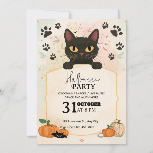 黒猫ハロウィンパーティーのご招待 | かわいい & スプー 招待状 (正面)
