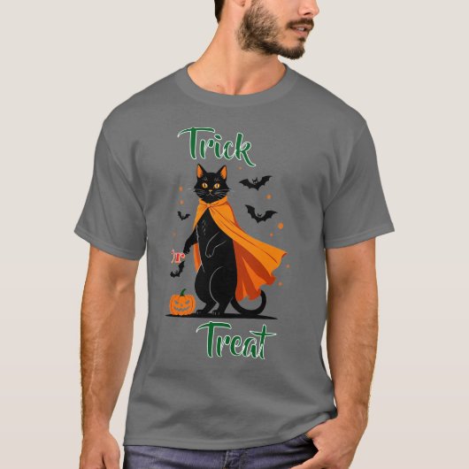 黒猫ハロウィンTシャツのトリックまたはトリートメント Tシャツ (正面)