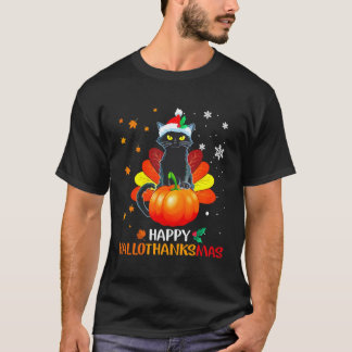 黒猫ハロウィーンとメリークリスマスハッピーホール Tシャツ