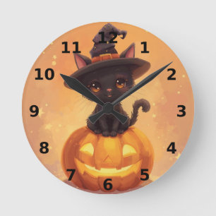 黒猫ハロウィーンの壁時計 ラウンド壁時計