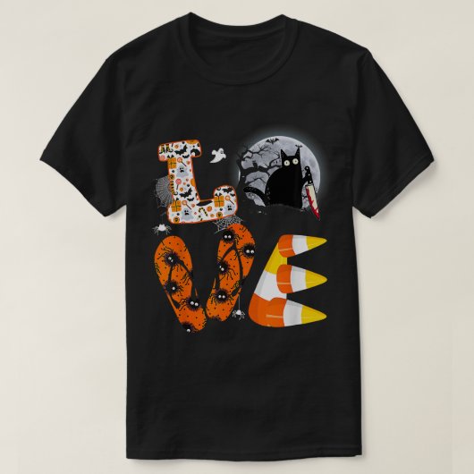 黒猫ハロウィーンの衣装ナイフかわいい子猫恋人 Tシャツ (デザイン正面)
