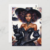黒猫ハロウィーンを持つアフリカ系アメリカ人の魔女 ポストカード (正面/裏面)