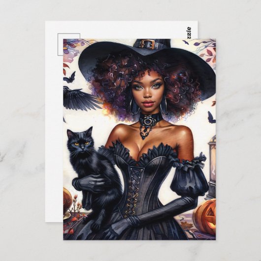 黒猫ハロウィーンを持つアフリカ系アメリカ人の魔女 ポストカード (正面/裏面)