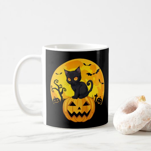 黒猫ハロウィーンカボチャ コーヒーマグカップ (ドーナツ)