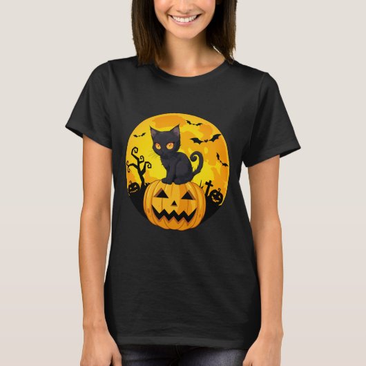 黒猫ハロウィーンカボチャ Tシャツ (正面)
