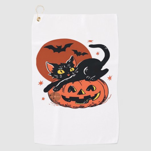 黒猫ハロウィーンクラシックTシャツ ゴルフタオル (正面)