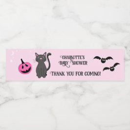 黒猫ハロウィーンピンクの女の子ベビーシャワーのお願い ペットボトルラベル