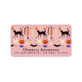 黒猫ハロウィーンモチーフのピンクのアドレス ラベル (正面)