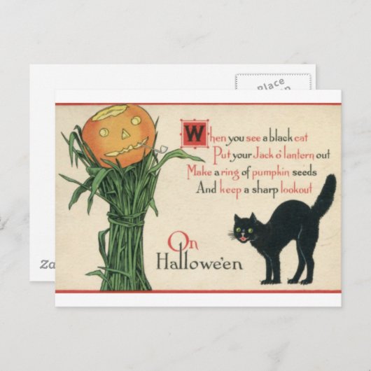 黒猫ハロウィーンヴィンテージ詩 ポストカード (正面/裏面)