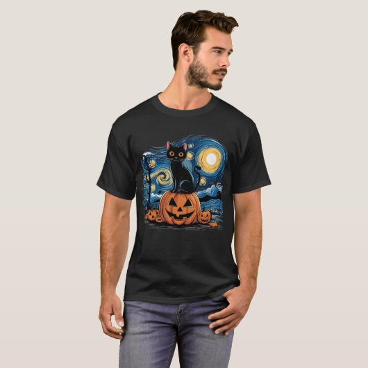 黒猫ハロウィーン猫好き星空ナイトキャット Tシャツ (正面フル)