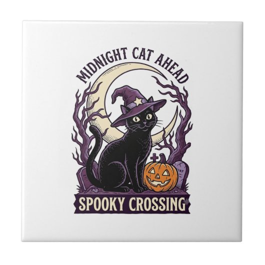 黒猫ハロウィーン ビンテージ風彫刻 かぼちゃ 猫 タイル (正面)