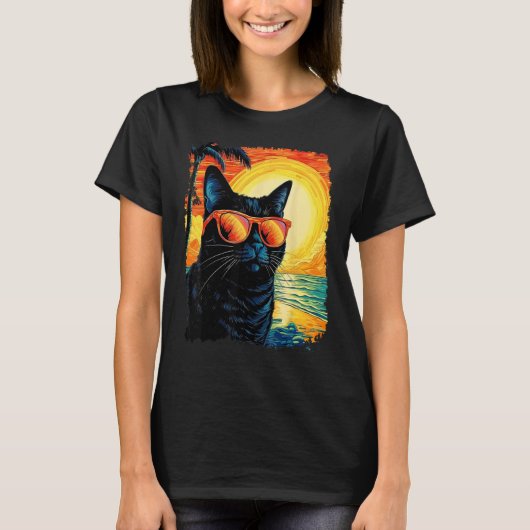 黒猫ハワイアン Tシャツ (正面)