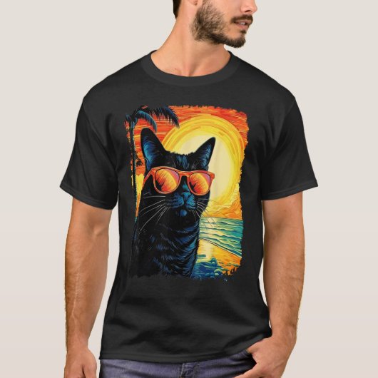 黒猫ハワイアン Tシャツ (正面)