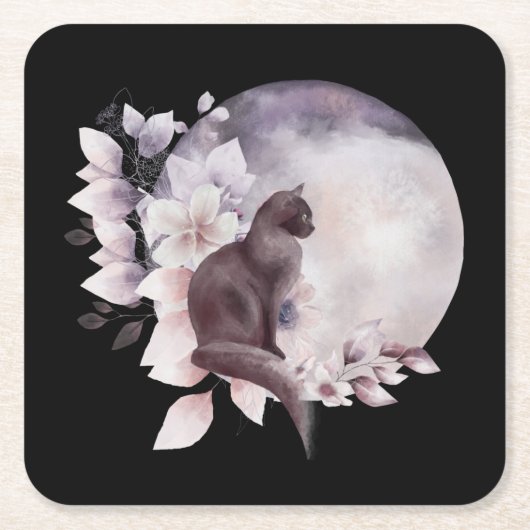 黒猫バイザマジカル満月 スクエアペーパーコースター (正面)