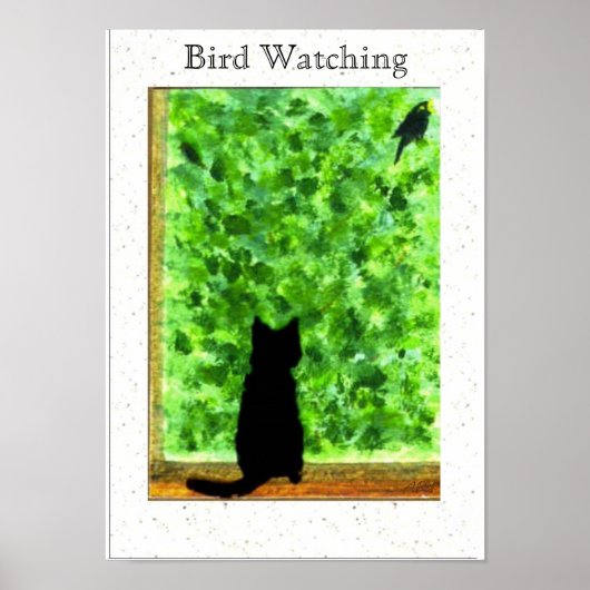 黒猫バードウォッチングおもしろい ポスター (正面)