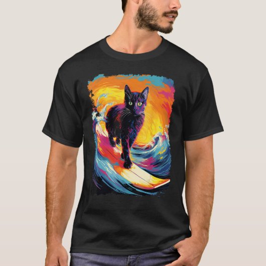 黒猫パドルボードサーフィン Tシャツ (正面)