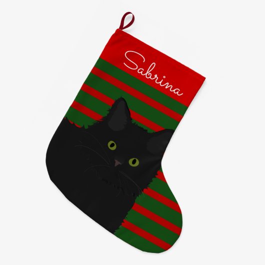 黒猫パーソナライズされた ラージクリスマスストッキング (正面 (吊り時))